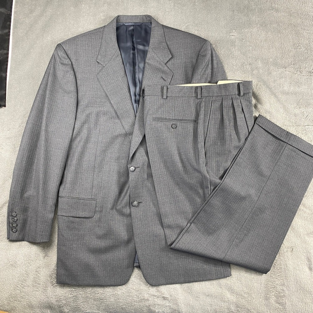 Hickey Freeman Saks Fifth Suit Mens 40R Gray Wool Pinstripe 2-Button Preppy USA‎